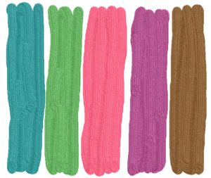Swaths of color: teal, green, pink, purple, brown