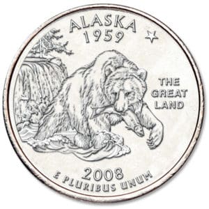 Silver quarter with Alaska 1959 written on it and a bear.
