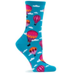 Blue socks with pink hot air balloons.