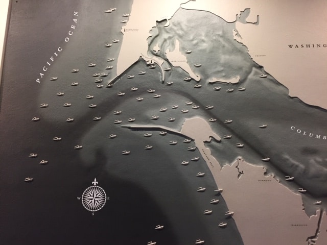 Map of coastline near the Columbia River marked with some of the shipwrecks.