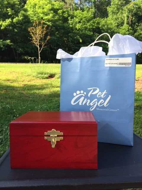 Wooden box with pet's ashes and a Pet Angel bag.