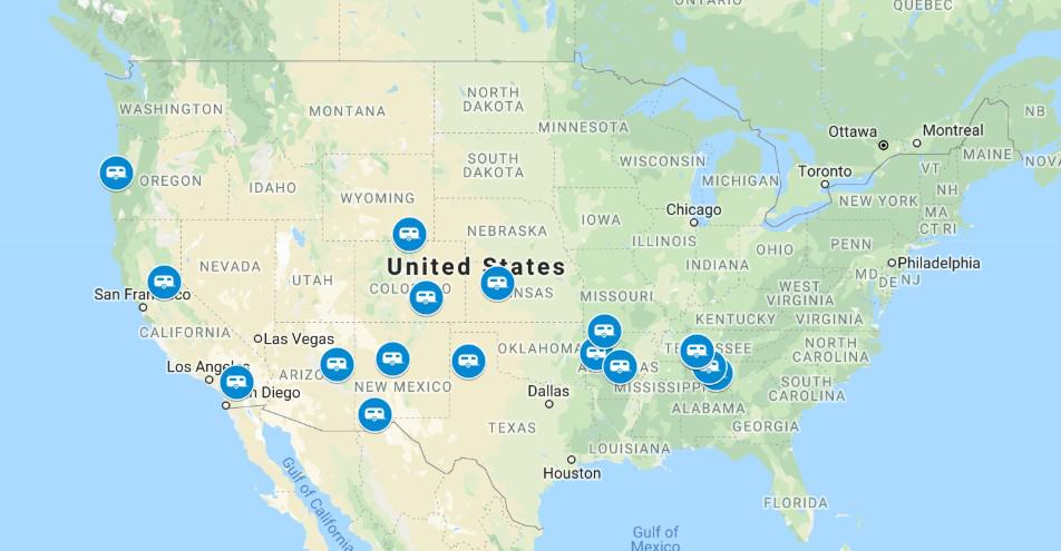 Map of US with 17 pins scattered in the west and south.