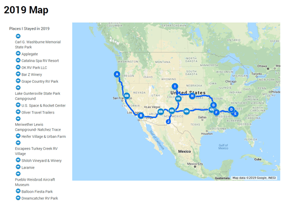Map of US with travel route from Oregon south to California. Then east to Alabama. Then northwest to Wyoming and, finally, south to New Mexico.