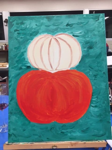 Painting with an orange pumpkin with a smaller white pumpkin on top with a teal-colored background.