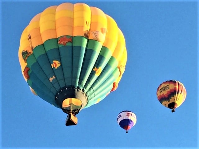 Three hot air balloons in the sky. The biggest on has fish swimming all around it.