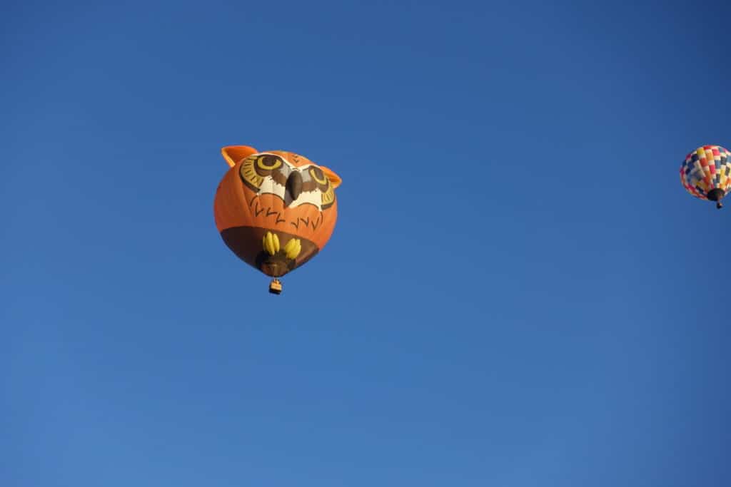 Hot air balloon in the sky in the shape of an orange and brown owl.