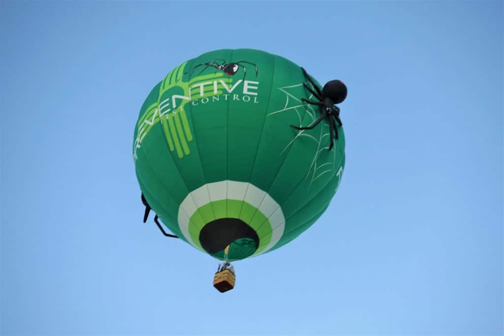 Green hot air balloon with big black spiders crawling on it.