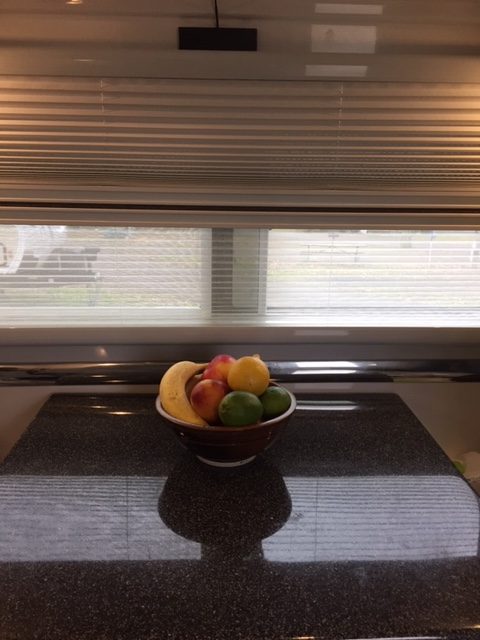 Inside the Oliver Trailer, photo is of dining table with a bowl of fruit looking out the window over the dining table.