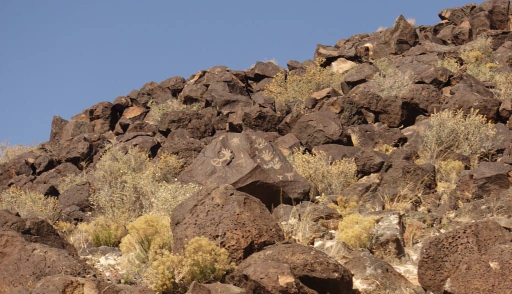 Side of a hill with dried desert bushes and brown rocks. One rock face has petroglyphs, mostly of hands.