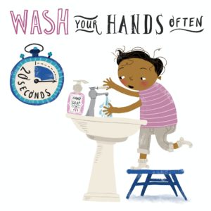 Graphic of a kid washing his hands with a stop watch showing 20 seconds. Title reads, "Wash your hands often."