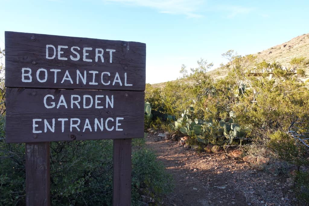 A dirt path on a shill with the sign "Desert Botanical Garden Entrance."