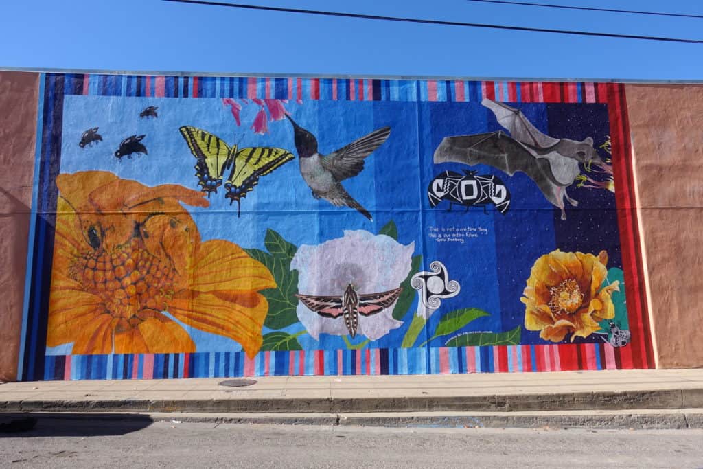 A brightly colored mural painted on the side of a buidling that includes leaves, flowers, a yellow butterfly, bees, humming birds and a bat. 