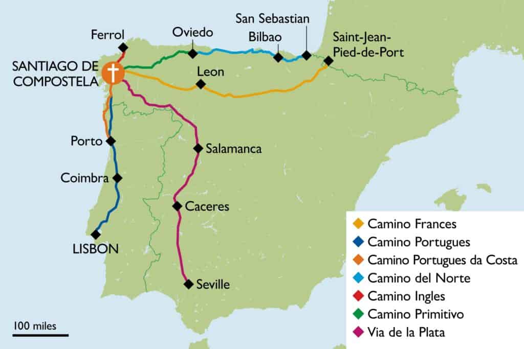 A map of Spain with Camino de Santiago routes highlighted. The legend indicates the name of each Camino.