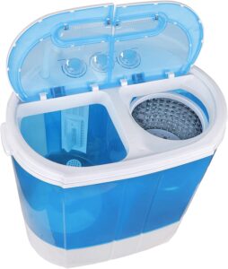 White and blue portable washing machine with lid open.