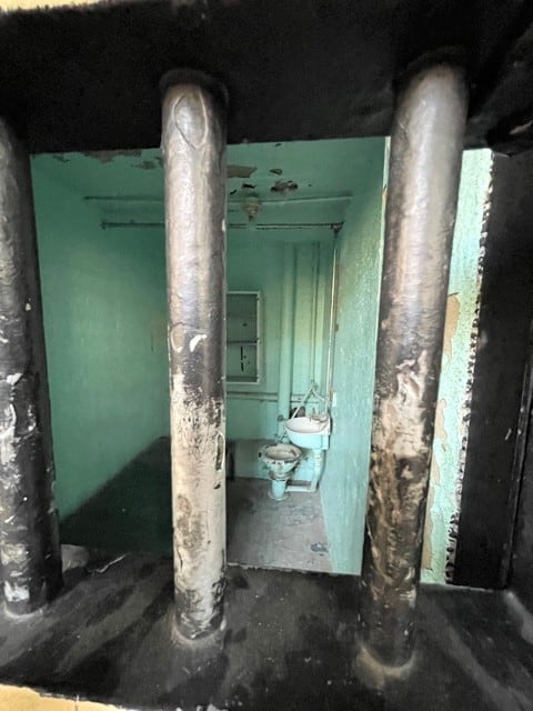 Looking through the bars into a jail cell. The walls and ceiling, sink and toilet are painted a light green.