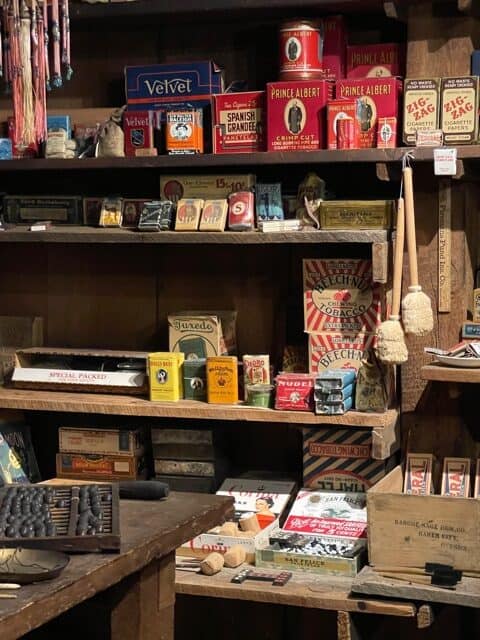 Tobacco products from the 1930s on shelves.